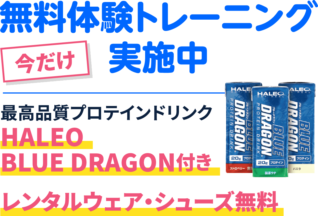 無料体験トレーニング 今だけ実施中 最高品質プロテインドリンク HALEO BLUE DRAGON付き レンタルウェア・シューズ無料